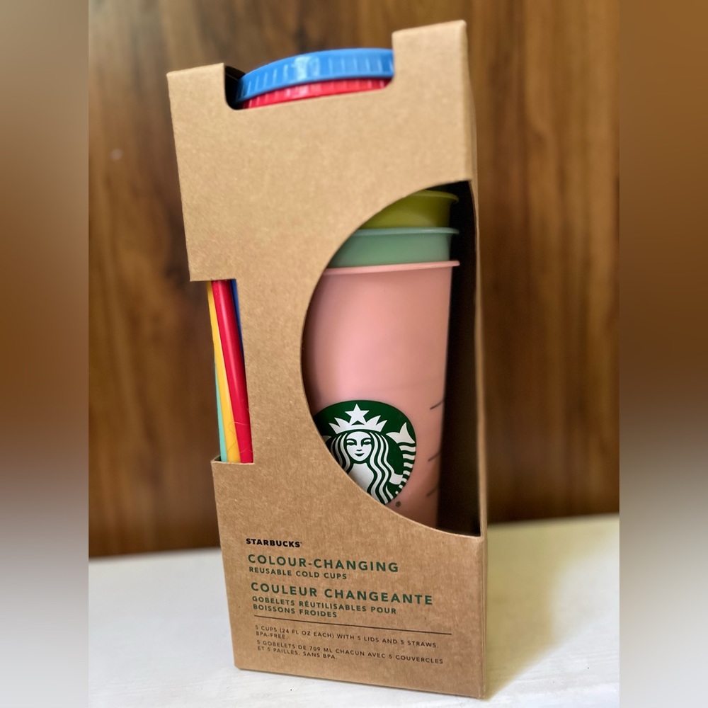 NEW NIB 2019 5 Starbucks Color Changing Reusable Cold Cups 24oz w/ Lids & Straws